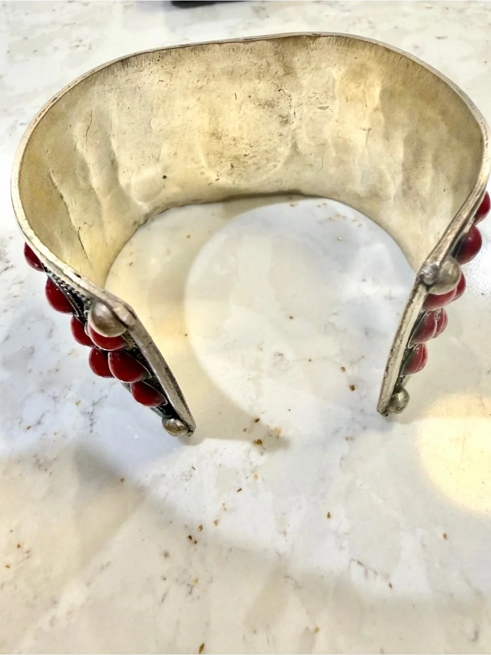 Vintage Ornate Alpaca Statement Cuff Bracelet Red Cabochon Stones